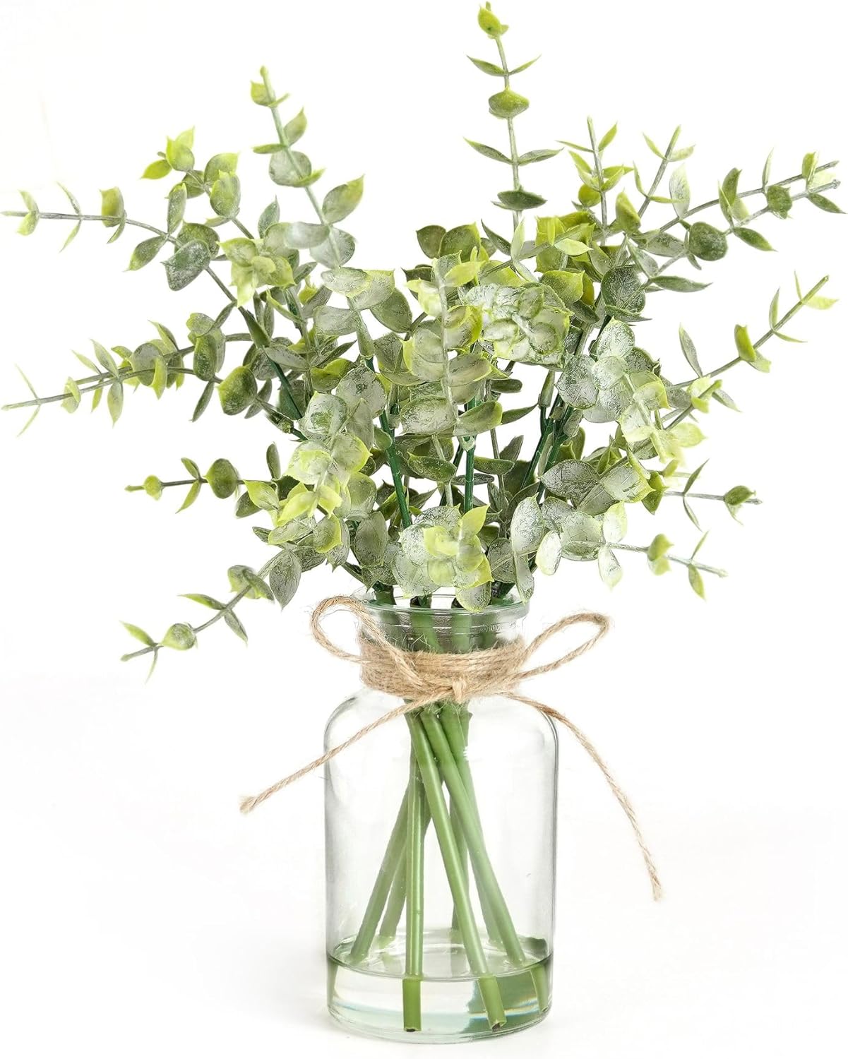 Artificial Eucalyptus Stems in Glass Vase with Faux Water,7Pcs Fake Plant for Centerpiece Bathroom Farmhouse Room Home Decor (Sage Green Eucalyptus)