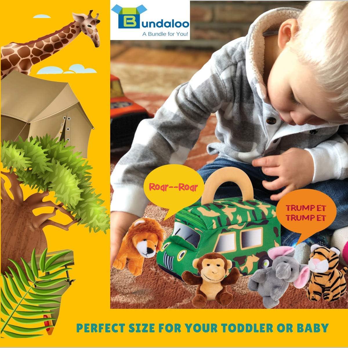 Bundaloo Plush Jungle Animals Set with Realistic Sound - Soft Stuffed Animal Toys with Safari Truck Carrier - Mini Tiger, Lion, Monkey, and Elephant