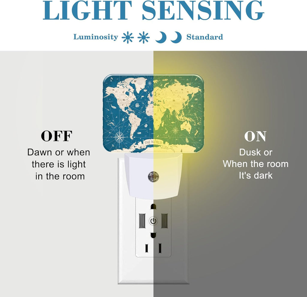 Vintage Blue World Map Night Light for Kids, World Map LED Night Light Plug into Wall with Dusk to Dawn Sensor for Girls Boys Women Men Bedroom, Hallway, Kitchen, Bathroom, Stairs Decor