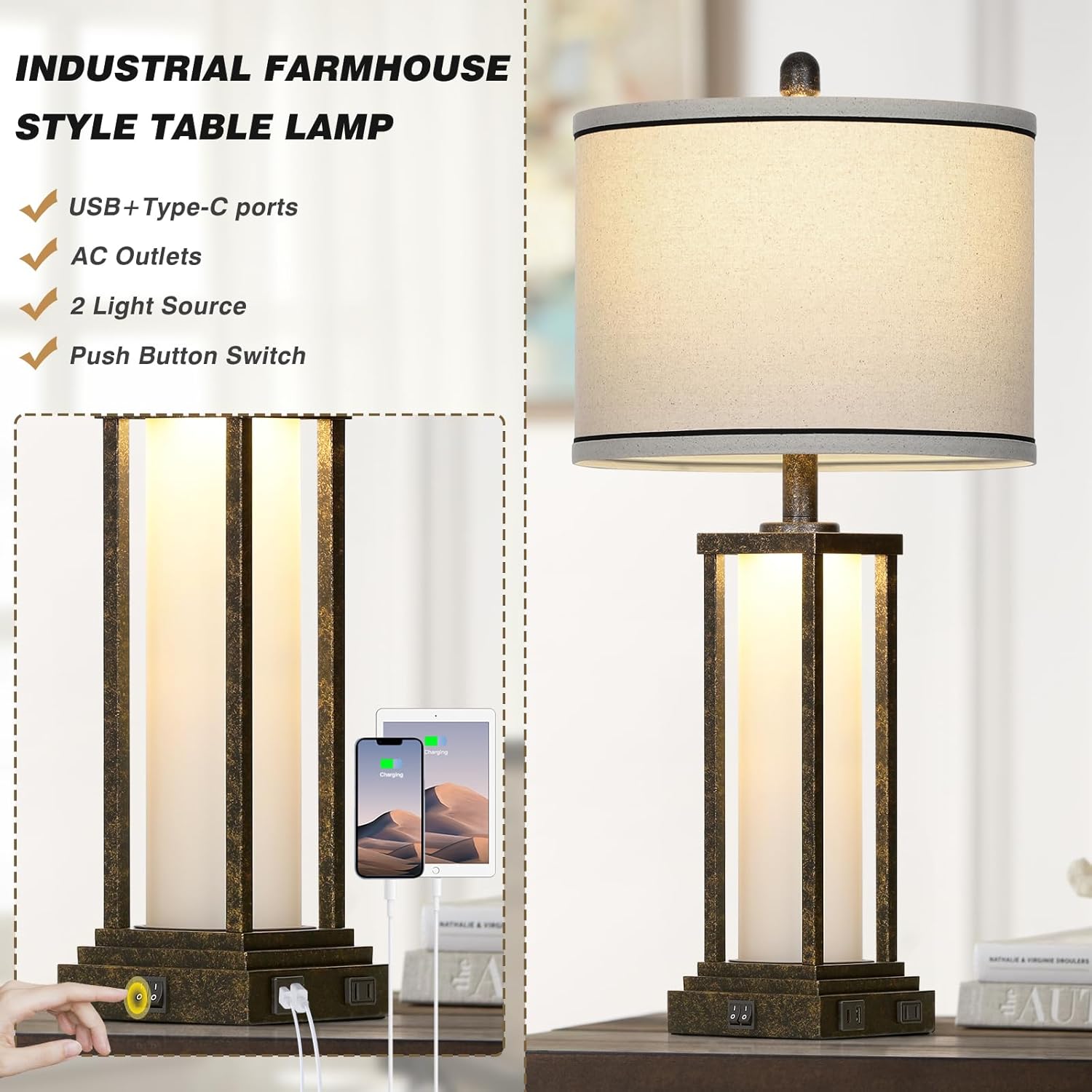 27" Tall Vintage Table Lamp Set of 2 with USB C+A & Outlet,Bronze Industrial End Table Lamp for Living Room,Farmhouse Rustic Bedside Lamps with Frosted Glass Night Light for Bedroom Nightstand,Bronze