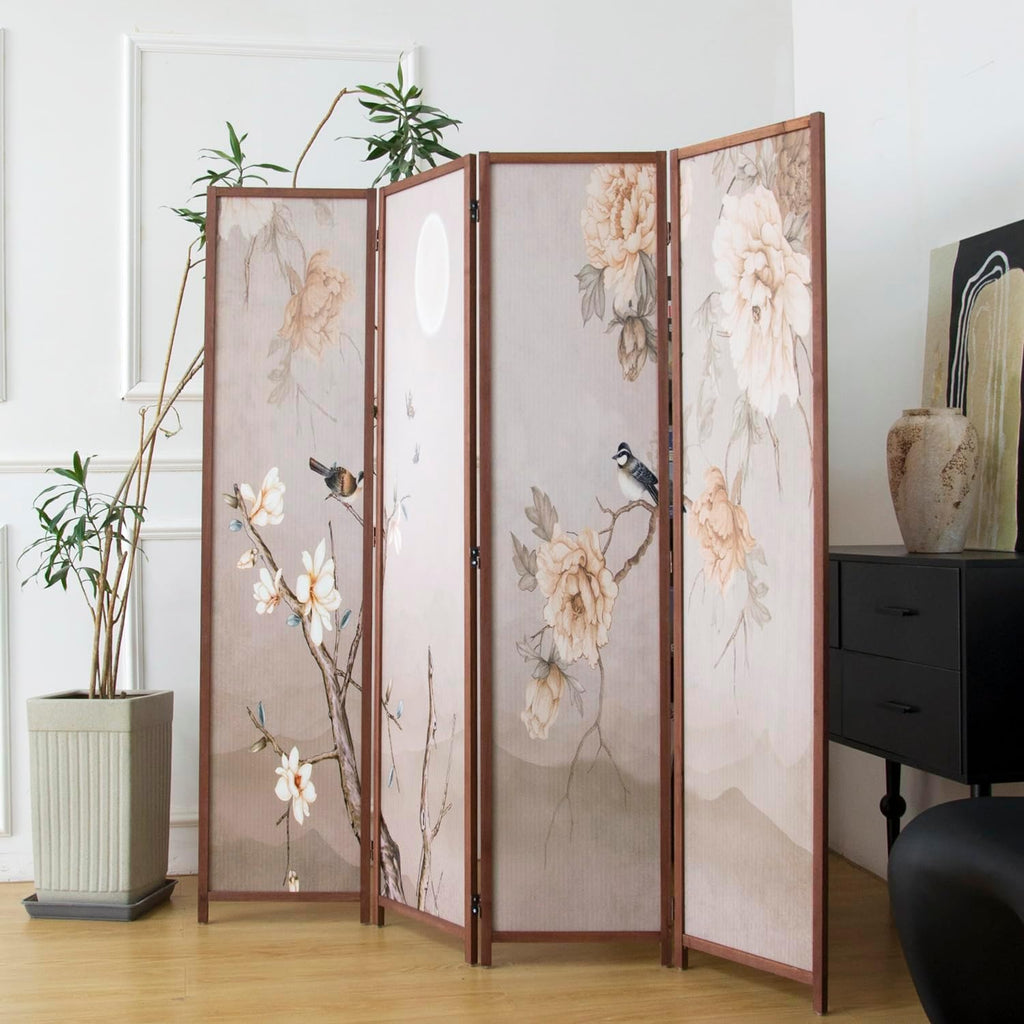 4 Panel Room Divider Folding Privacy Screen,5.6 FT Tall Double Faced Panel Screen,Blackout Panel Divider for Room Seperation,Flower and Bird