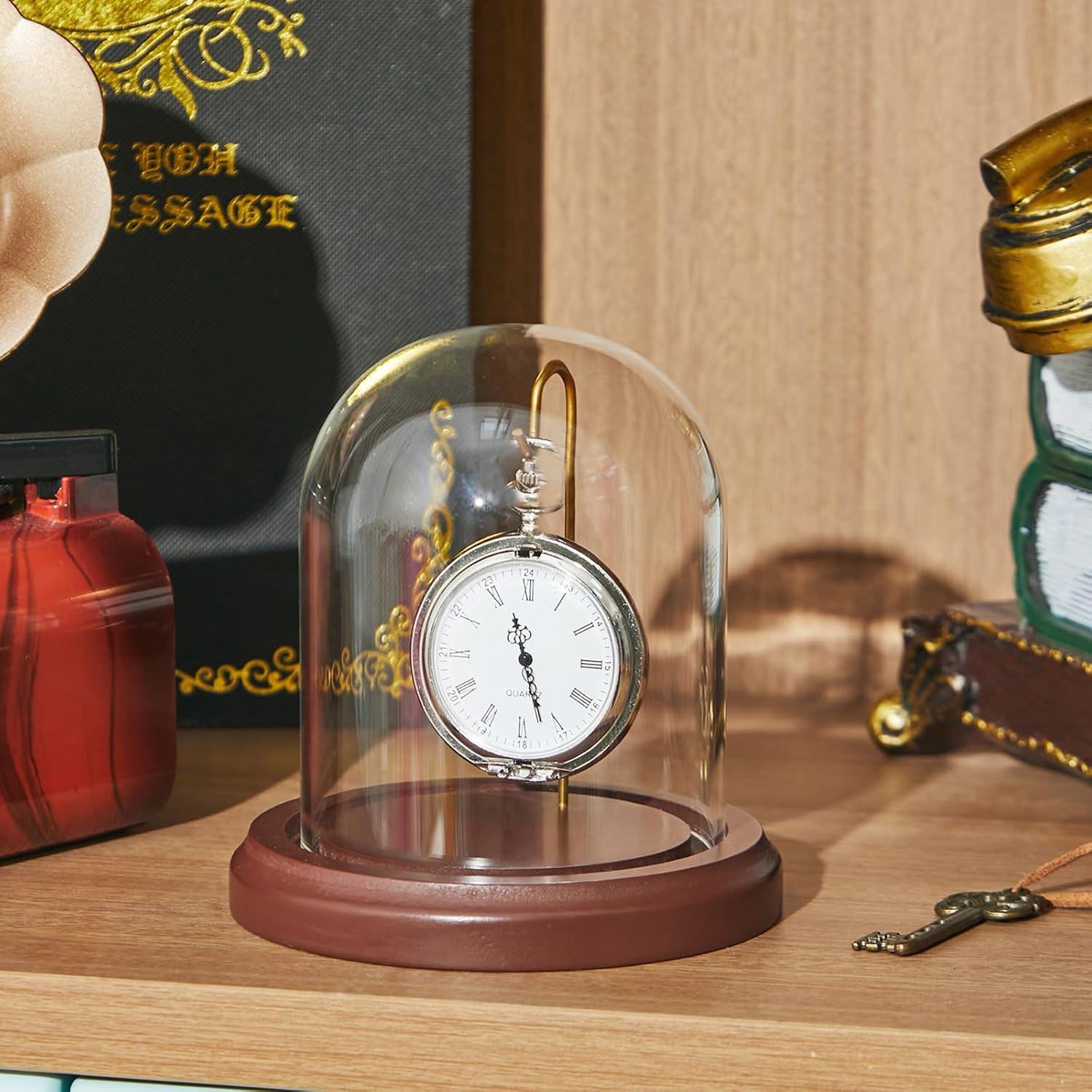 2 Pcs Pocket Watch Glass Display with Hooks Dome Cloche with Wood Base Decorative Glass Display Dome Showcase for Watch Plants Medals Photos Collectibles Dark MDF Base(3" X 4",Gold Hook)