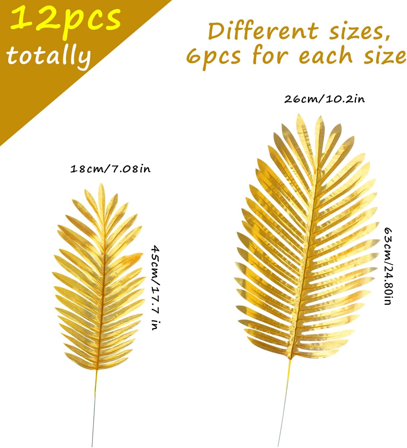 CCINEE 12 PCS Golden Artificial Palm Leaves, Assorted Sizes Faux Large Palm Fronds Fake Tropical Plant Simulation Safari Leaves with Stems for Home Hawaiian Luau Party Jungle Beach Theme Party