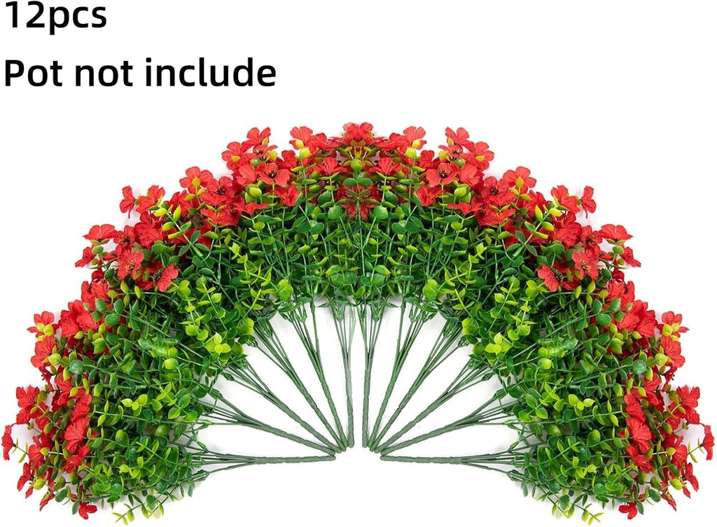 HyeFlora Artificial Flowers for Outdoor Indoor Garden Home Decoration, Faux Flower Daisy with Eucalyptus Leaves Fake Plants Greenery Boxwood Porch Patio, 12 Bundles (Red)