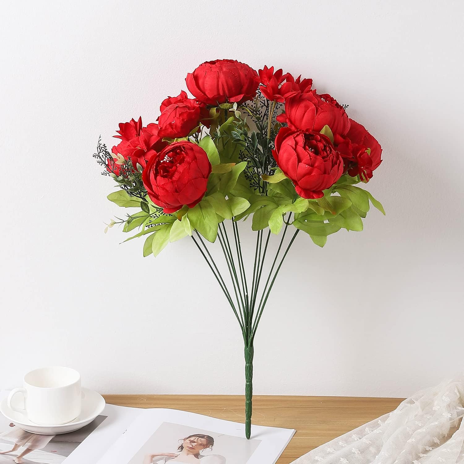 Duovlo Springs Flowers Artificial Silk Peony Bouquets Wedding Home Decoration,Pack of 1 (Spring Red)