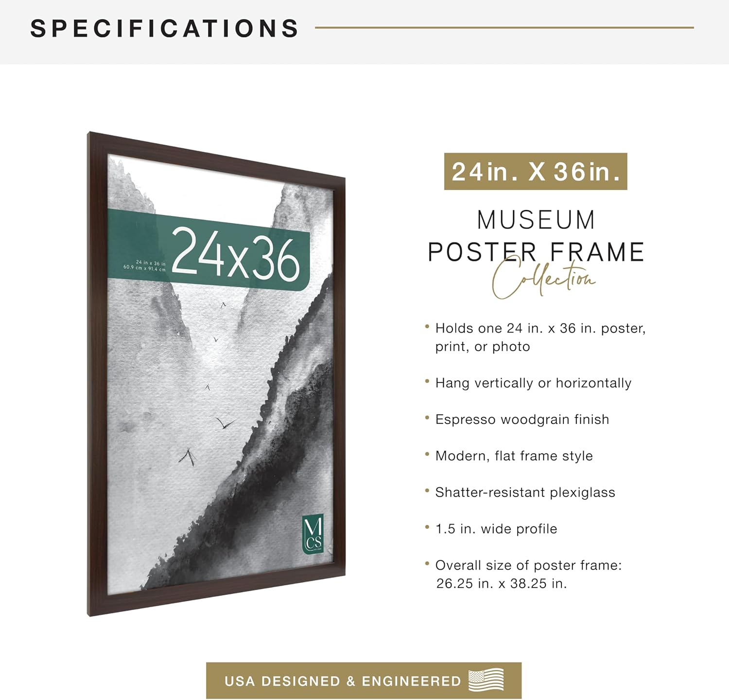 MCS Museum Poster Frame 24x36 Espresso Woodgrain, Vertical & Horizontal Wall Hanging Large Picture Frame for Photos, Posters & Art Prints (1-Pack)
