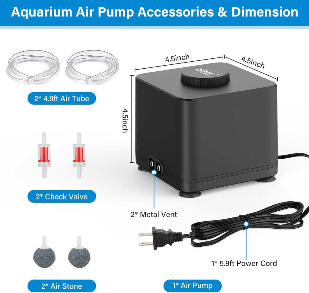 hygger Aquarium Air Pump, Quiet Adjustable Fish Tank Air Pump, 4W/7W/11W Powerful Oxygen Aerator Dual Stainless Steel Outlets with Air Stone Bubbler for Small Medium Large Fish Tank, Hydroponic