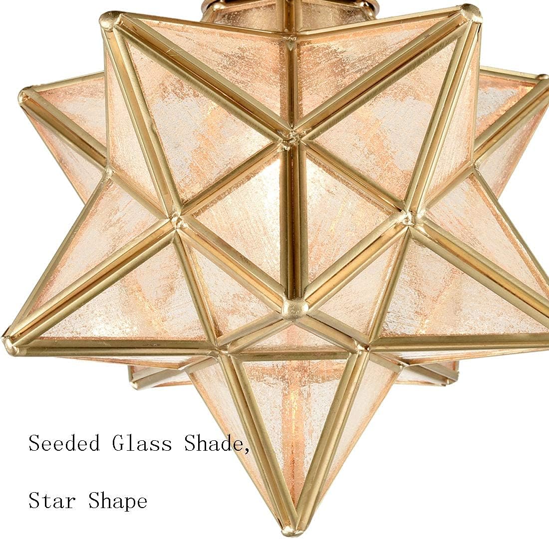 HOLKIRT Brass Modern Moravian Star Ceiling Light Semi-Flush Mount with 8 Inch Seeded Glass