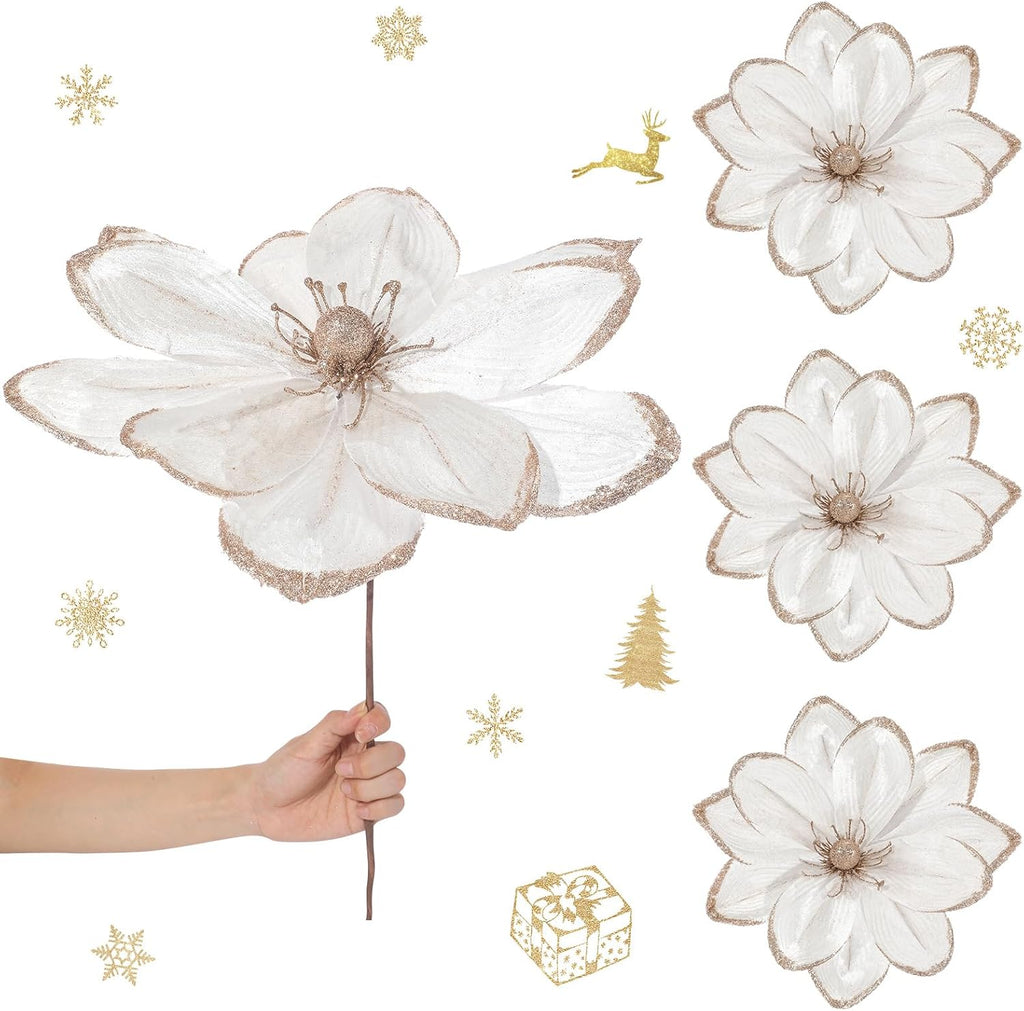 8 Pcs Large Christmas Flower Magnolia Flowers Christmas Tree Decoration Artificial Poinsettia Stems Velvet Xmas Ornaments for Xmas Tree Table Decor(White,16 Inch)