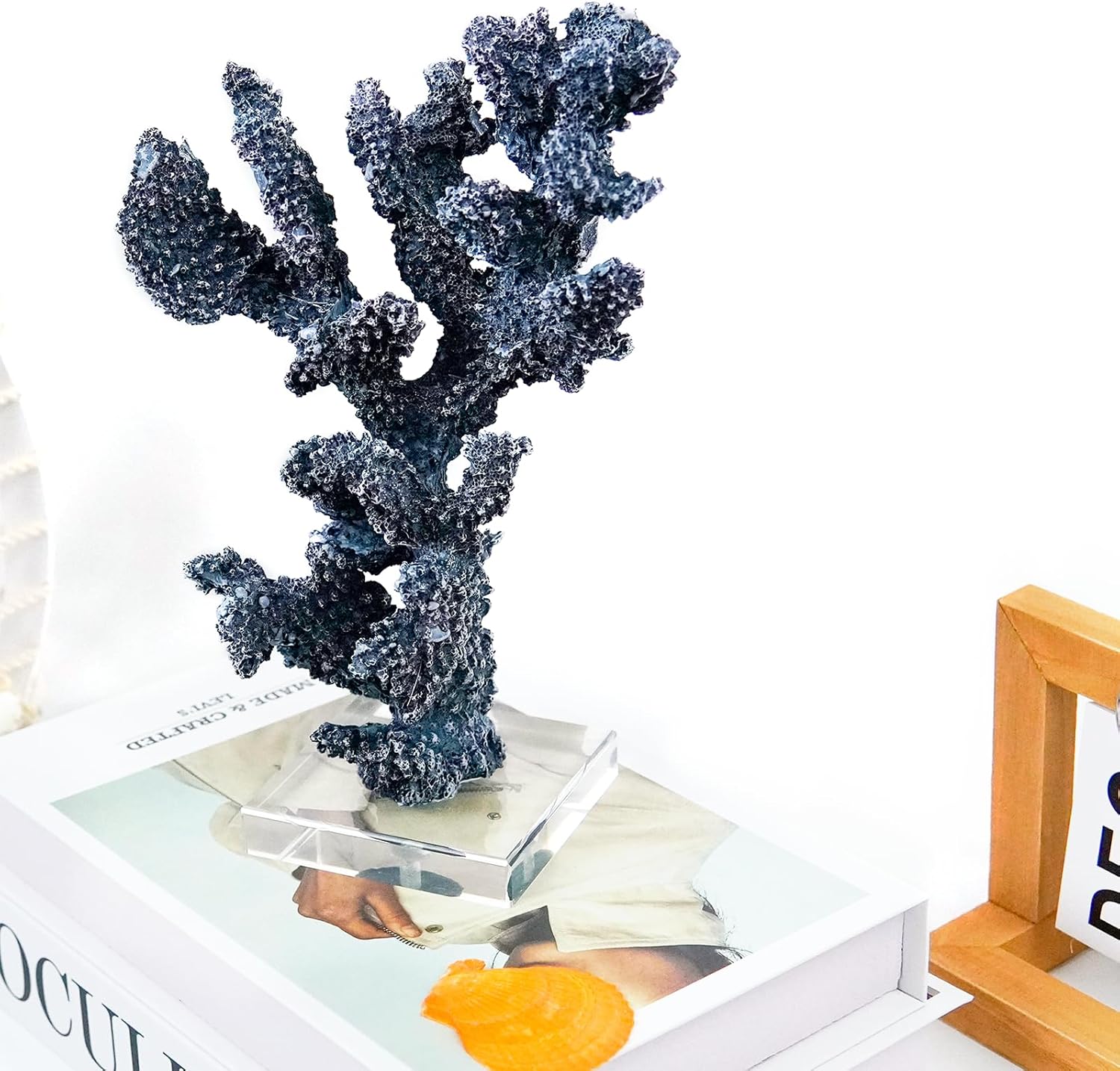 Coral Beach Decor, 9.5'' High x 5.2'' Width Artificial Resin Coral Reef Statue for Ocean Coastal Beach Nautical Themed Room Bathroom Decor for Home,RB1002B,Blue