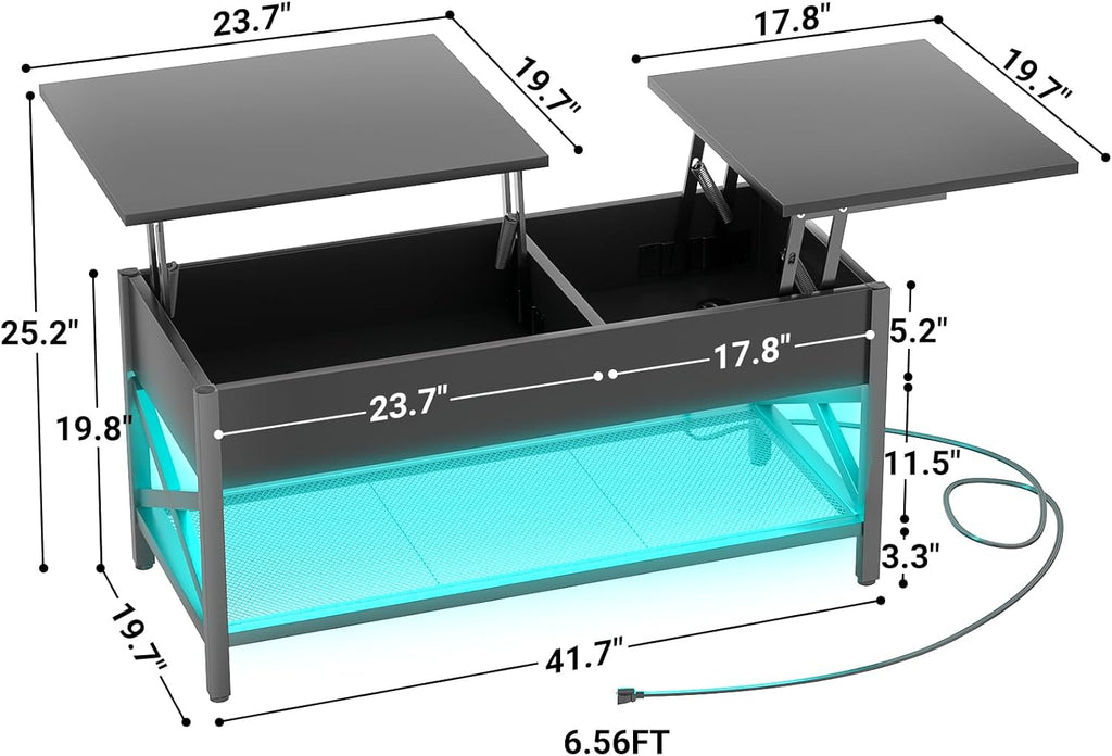 Aheaplus Black Lift-Top Coffee Table with LED Light, Power Outlets and Storage Shelf, 41.7"W x 19.69"L x 19.7"H