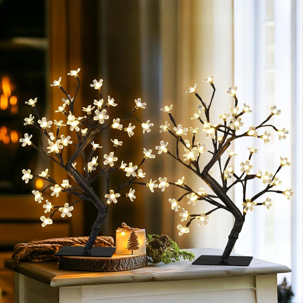 PEIDUO Set of 2 Lighted Cherry Blossom Tree, Light up Bonsai Tree for Christmas Decorations, Warm White Lights Plug in Adapter, Tabletop Night Light Artificial Tree for Indoor Bedroom Living Room
