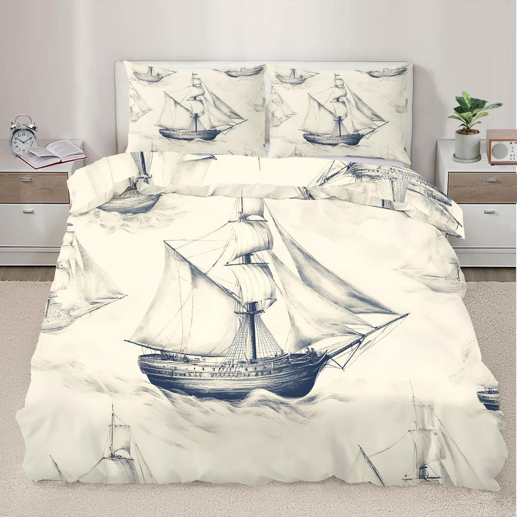 Nautical Duvet Cover California King, Vintage Old Sailboat Bedding Set 3 Piece Bedroom Decor Ocean Boat Sketch Patterned Comforter Cover with Zipper Ties & 2 Pillowcases