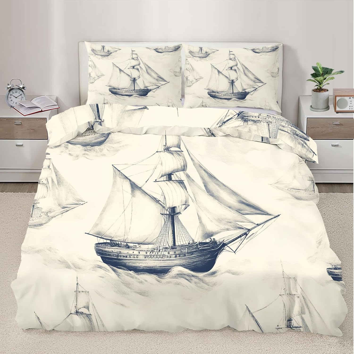 Nautical Duvet Cover King Size, Vintage Old Sailboat Bedding Set 3 Piece Bedroom Decor Ocean Boat Sketch Patterned Comforter Cover with Zipper Ties & 2 Pillowcases