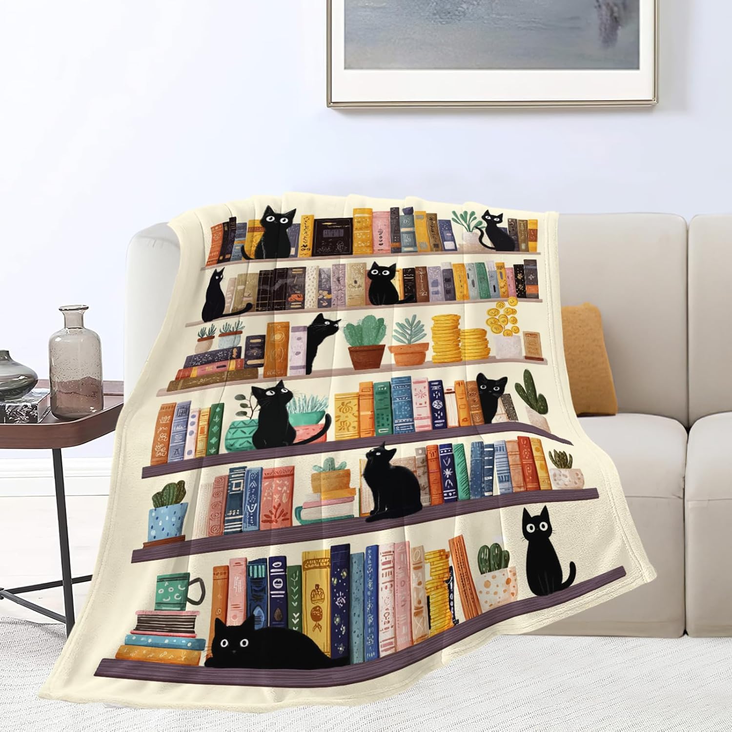 Black Cat Throw Blanket Book Cat Bookshelf Stuff Gifts for Kids Girls Boys Adults Women Men Soft Cozy Warm Plush Fluffy Fuzzy Fleece Blanket Decor 40''X50''