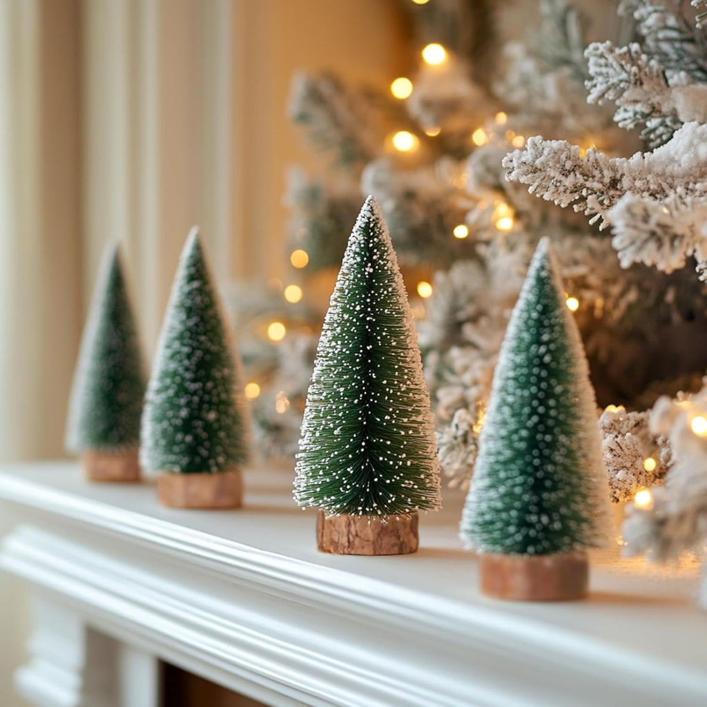 10pcs 4inch Mini Christmas Tree Bottle Brush Trees Chrismas Village Trees Ornaments Snow Mini Plastic Christmas Trees with Wooden Base for Christmas Decoration Miniature Chrismas Tree