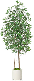 Ficus Artificial Tree 7ft Fake Silk Plant for Home Decor Indoor, Faux Tree in White Imitation Ceramic Planter Fake Floor Plant for Living Room and Home Office Corner Indoor Decor, Set of 1