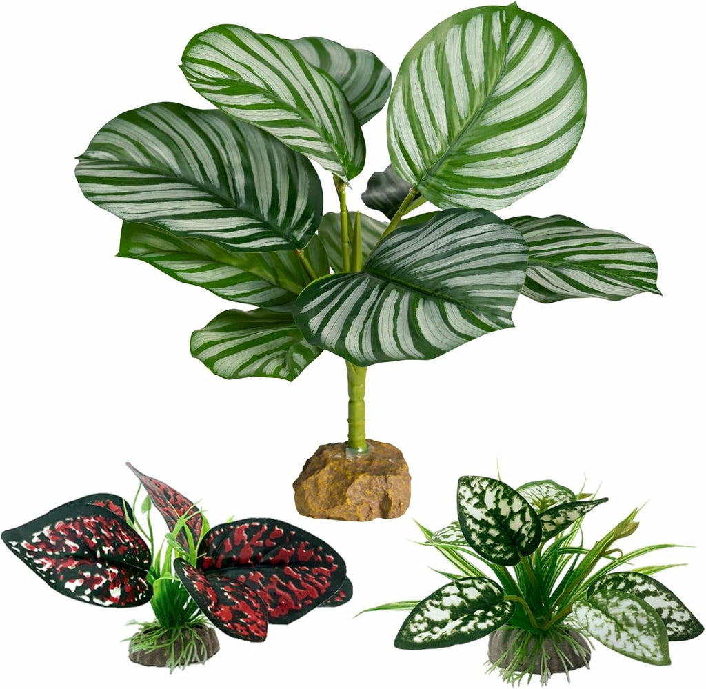 Reptile Artificial Plants, Big Terrarium Plants Decorations Supplies, Aquarium Fish Tank Plants, Amphibian Habitat Hideout Tank Accessories(L Set-3pcs/G)