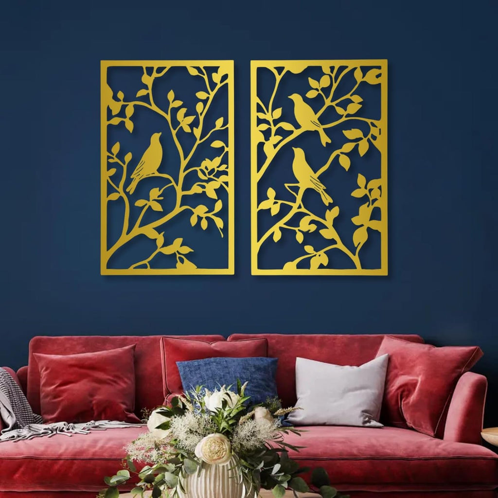 huefoam 2 Pieces Birds on a Branch Wall Decor, Metal Tree Branch Wall Decor, Metal Bird Wall Art for Living Room, Bedroom, Dining Room (White, single:30"×19"/76×48cm(set of 2), metal art wall decor)