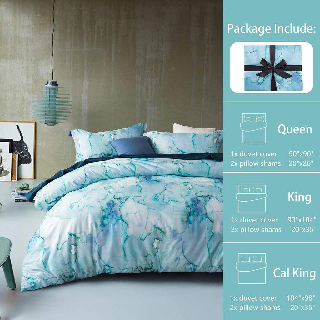 MILDLY 100% Long-Staple Cotton Duvet Cover Set Aqua Watercolor Marble Pattern Printed Comforter Cover 3pcs, Ultra Soft & Breathable Bedding Set