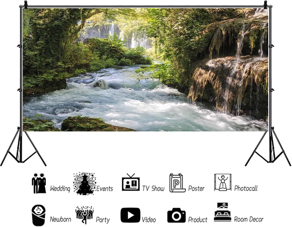 Baocicco 15x10ft Vinyl Green Forest Backdrops for Photography Background Mountain and Water Landscape Beautiful Waterfall and River Ancient Tree Outdoor Explore Holiday Backdrop Photo Studio