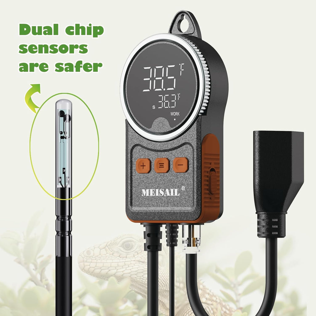 Temperature Controller can be Used for aquaculture, Plant mat Heating, Reptile Thermostat, with Load line Over-Temperature Protection and Dual Sensor auto-Safety Calibration