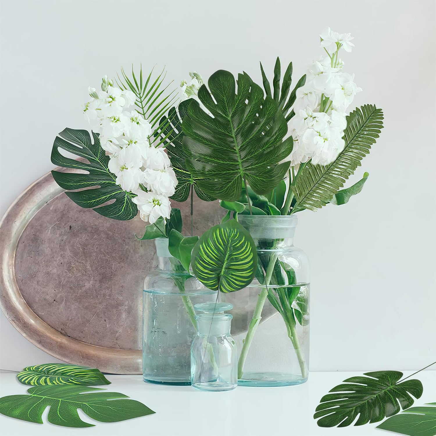 60 Pieces 4 Kinds Artificial Palm Leaves with Faux Stems Tropical Plant Leaves Monstera Safari Leaves for Hawaiian Luau Party Jungle Beach Table Leave Decorations