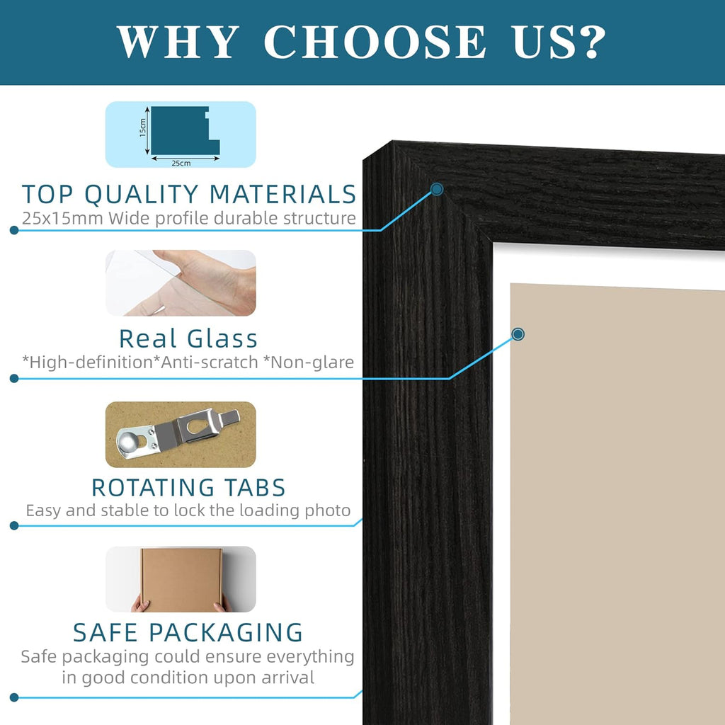 8x12 Picture Frame Set of 4, Made of Glass and Rustic Black Wooden Frame - Display 6x8 Picture with Mat or 8 x 12Poster Without Mat, 8 by 12 Photo for Wall or Tabletop