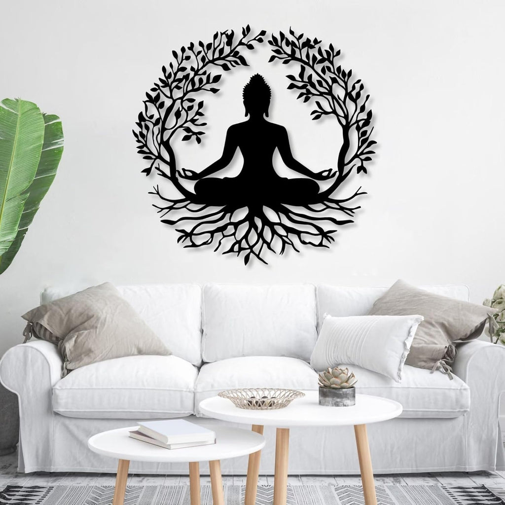 huefoam Buddha Metal Wall Art, Buddha Wall Decor, Tree of Life Metal Wall Art, Tree Wall Decor for Living Room, Bedroom, Meditation Room (White, 31"×31"/80×80cm, metal art wall decor)
