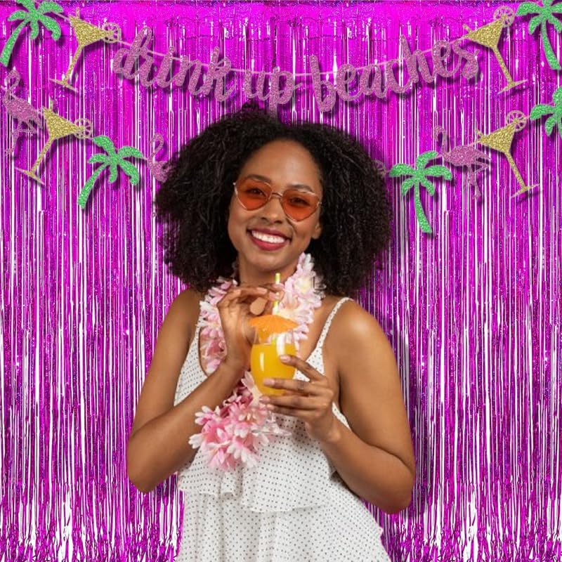 BRAVESHINE Hot Pink Tinsel Foil Fringe Curtains - 2Pcs 3.2x8.2ft Metallic Party Streamers Backdrop for Christmas Girl Birthdays Bridal Shower Bachelorette Engagement Hawaiian Luau Party Decorations