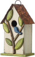 Glitzhome 9.7" H Hanging Birdhouse for Outdoor Patio Garden Decorative Pet Cottage Wooden Distressed Birdhouse, Leaves Rustic White