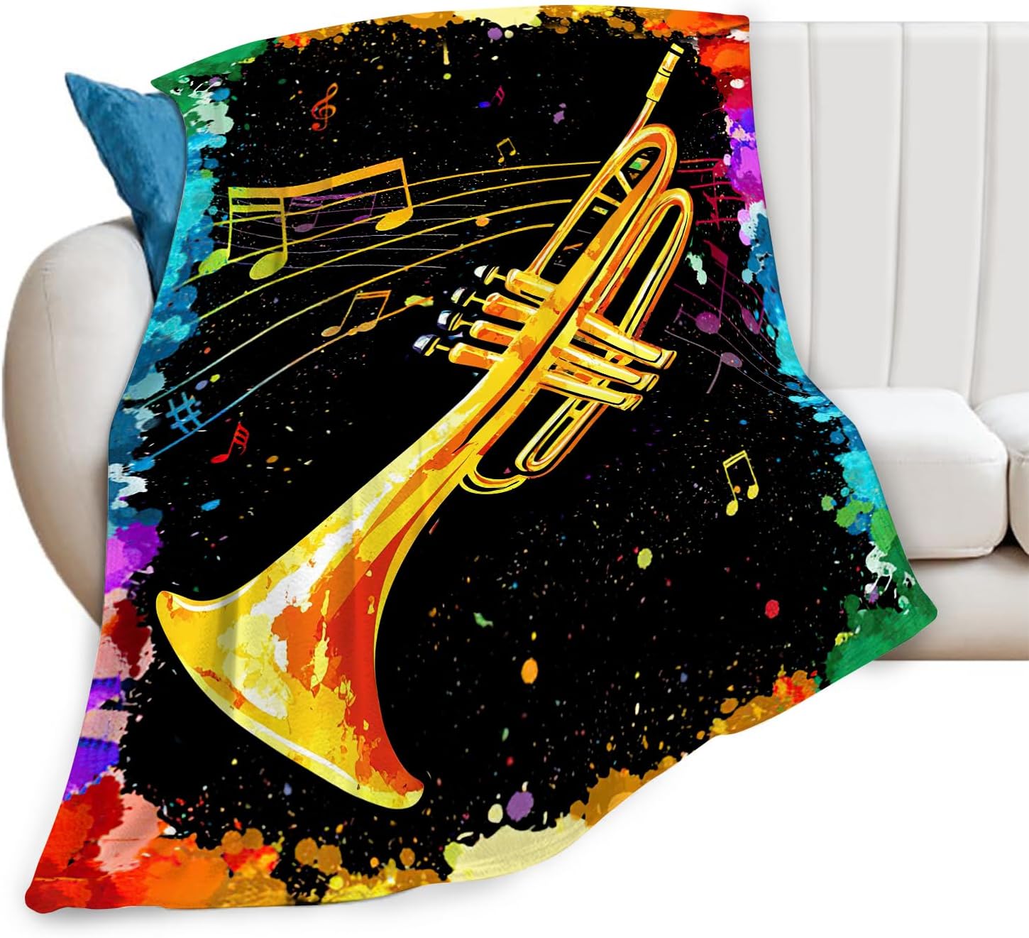 Music Trumpet Blanket Colorful Trumpet Musical Instrument Throw Blankets Gifts for Girls Boys Kids Music Lover Soft Cozy Fleece Plush for Couch Sofa Bed 80"x60"