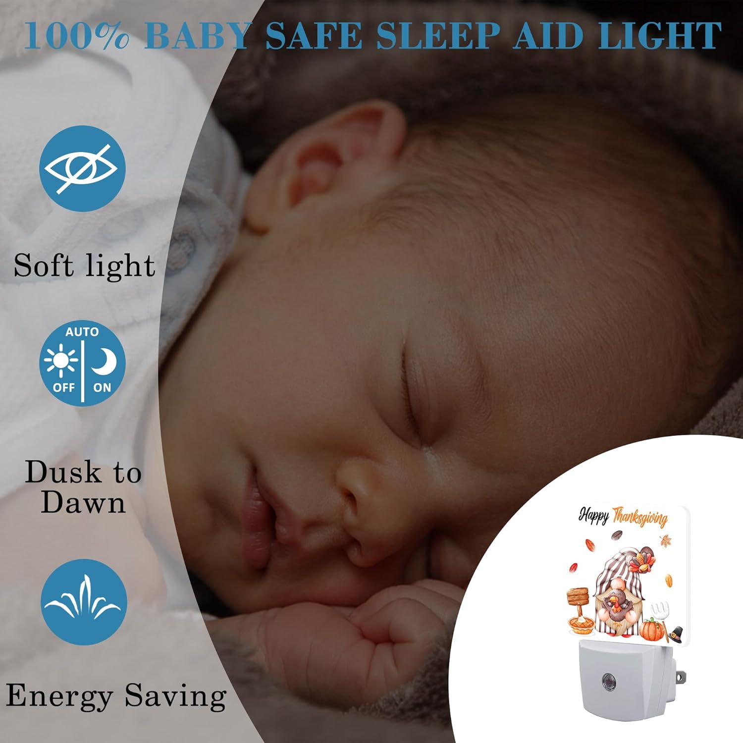 Thanksgiving Cute Gnome Turkey Pumpkin Night Light for Kids, LED Night Light Plug into Wall with Dusk to Dawn Sensor for Girls Boys Women Room Decor,Hallway,Kitchen,Bathroom,Nursery,Stairs