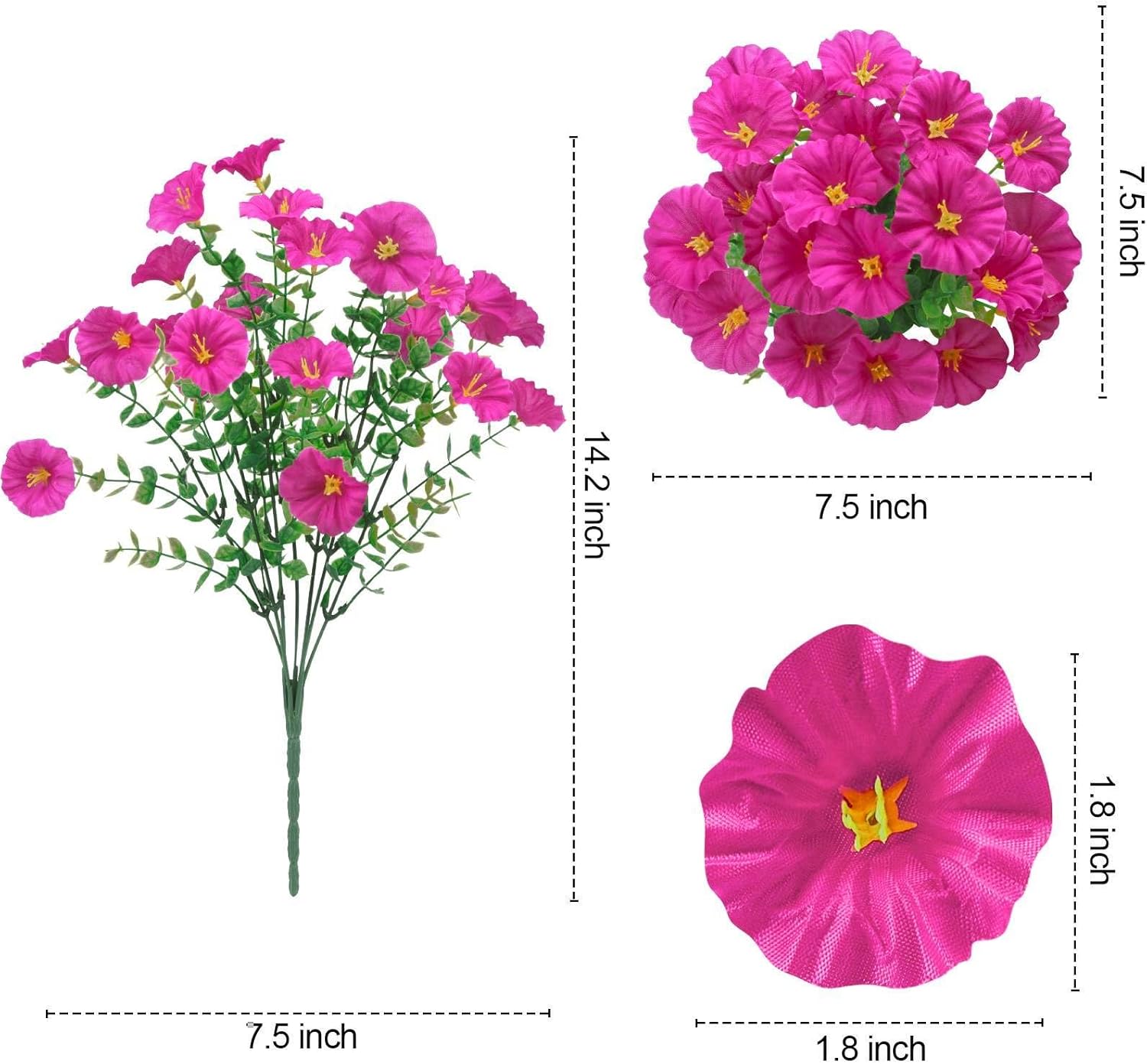 Ouddy Decor 24 Bundles Artificial Flowers for Outdoors Decoration Fake Silk Morning Glory Flowers Faux Eucalyptus Plants UV Resistant for Porch Patio Garden Spring Summer Home Decor, Fuchsia