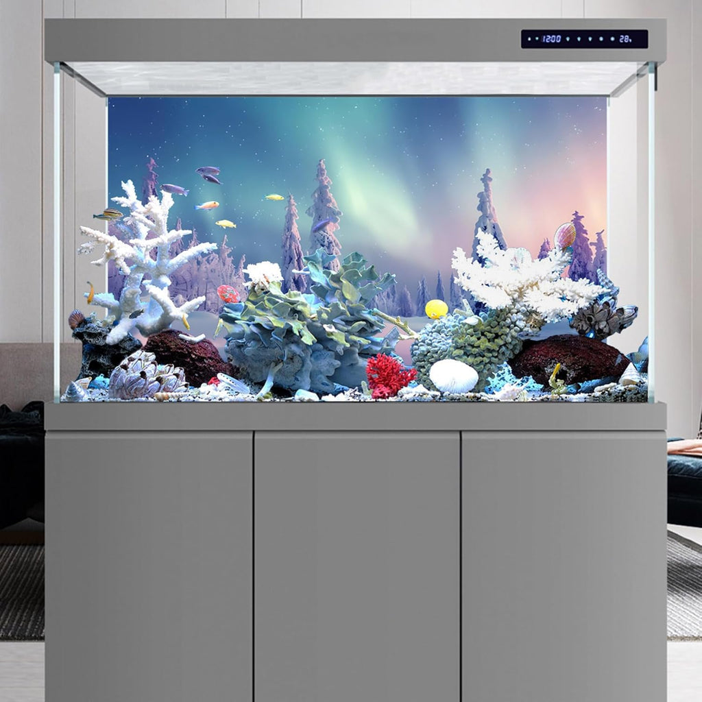 YongFoto Winter Snow Scene Fish Tank Background 30x12 inch Snowfield Pine Forest Rime Starry Sky Aurora Polyester Backdrop Reptile Habitat Terrarium Bearded Dragon Aquarium Background