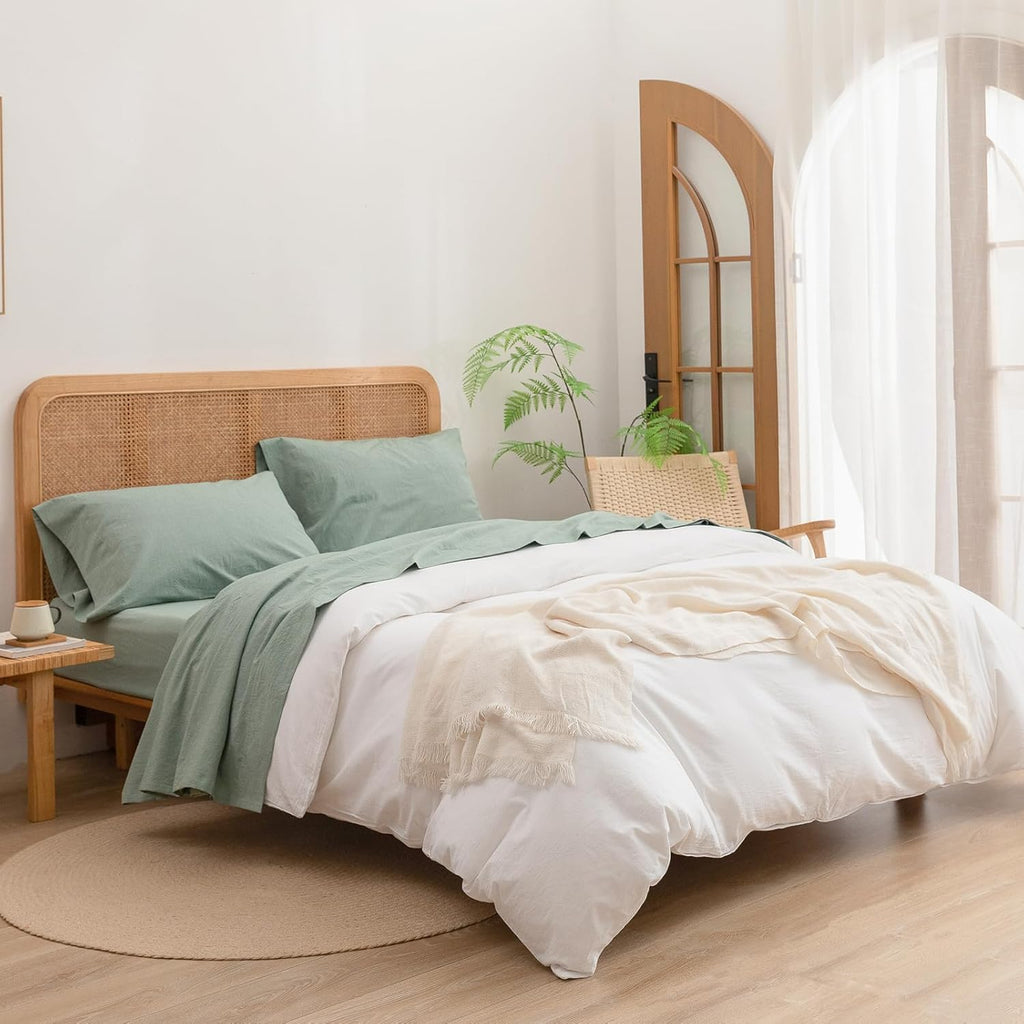 BESTOUCH Sheet Set 100% Washed Cotton Linen Feel Super Soft Comfortable Chic Lightweight 4 Pcs Home Bedding Set Solid Green Full