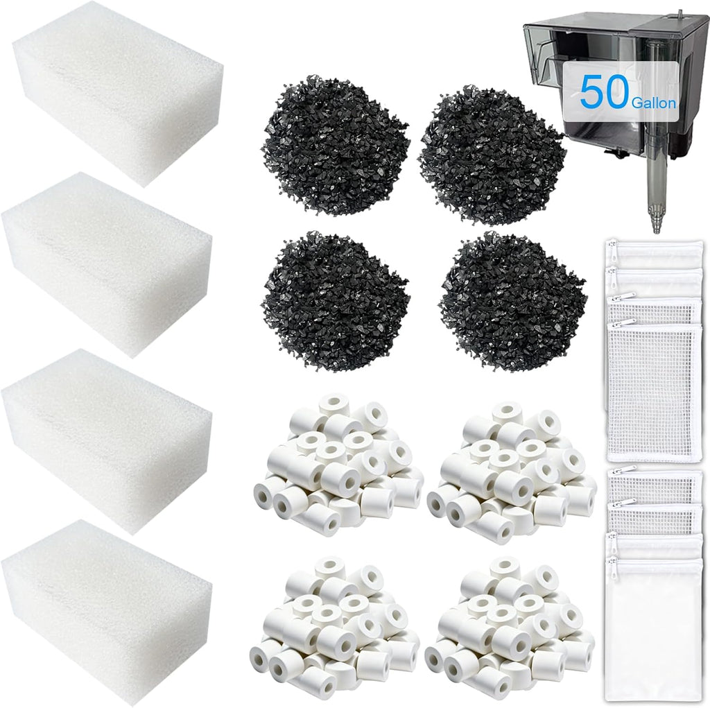 12 Pack Aquarium Filter Media Kit Compatible with Fluval AquaClear 50 Power Filter (20 to 50 Gallon), Includes 4 Ceramic Rings, 4 Carbon & 4 Foam Filter