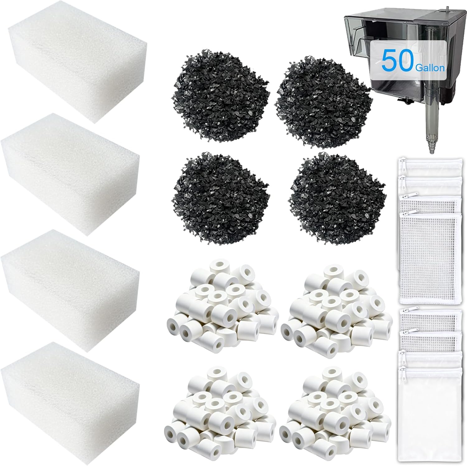 12 Pack Aquarium Filter Media Kit Compatible with Fluval AquaClear 50 Power Filter (20 to 50 Gallon), Includes 4 Ceramic Rings, 4 Carbon & 4 Foam Filter