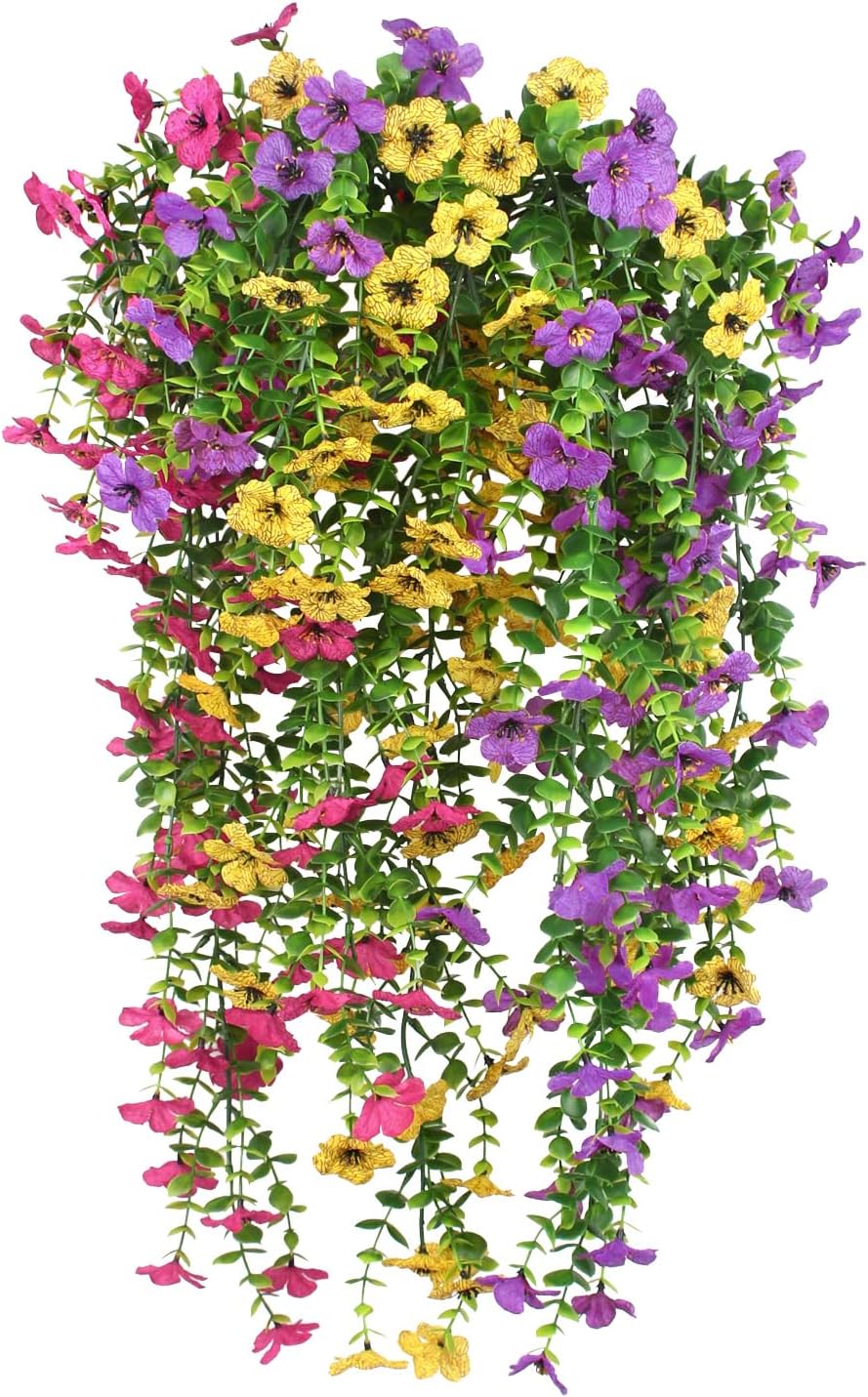 3 PCS Artificial Fake Hanging Flowers Plants for Spring Outdoor Outside Decoration, UV Resistant Faux Plastic Fabric Flower for Garden Porch Patio Balcony Yard Decor（Mix）
