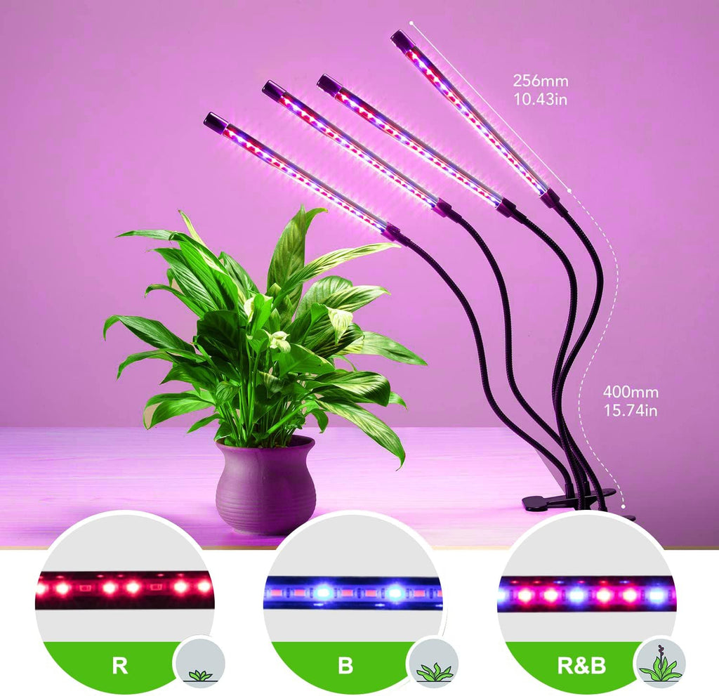 Plant Lights for Indoor Growing, Red Blue Spectrum 4 Heads Clip Grow Lamps with 10 Feet Cables for Seeding Blooming and Fruiting(2 Pack)