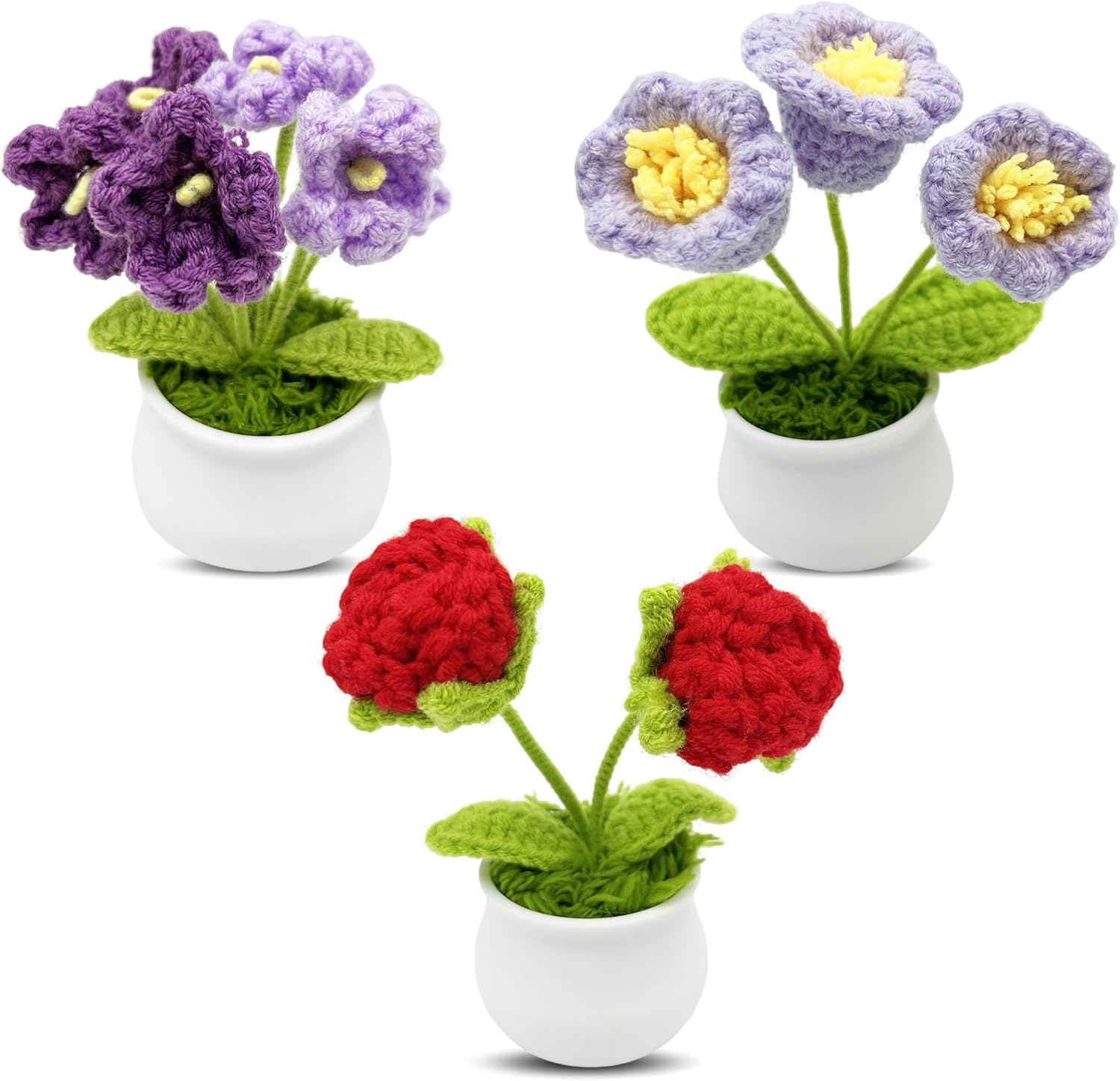 3pcs Crochet Flowers Cute Potted Flower,Mini Flower Bouquet for Mom Wife, Cute Desk Decor for Women,Artificial Handmade Flowers for Car Dashboard,Home Office Decoration (Color#2)