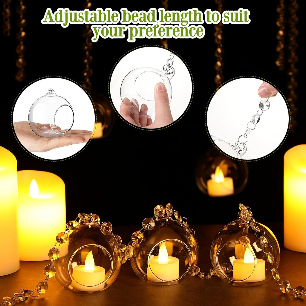 3.15'' Hanging Glass Tealight Holder Globe and Clear K9 Crystal Garland Strands, Hanging Glass Terrarium Containers for Wedding Party Tree Decoration(56 Pcs)