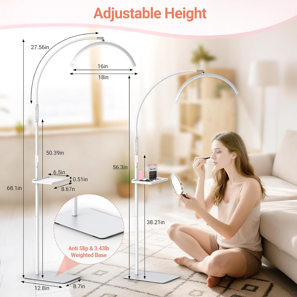 LIONVISON Half Moon Lash Light: 6500K LED Lamp Ring Light with Tray - 360° Flexible Gooseneck Durable Metal Stand - Salon Use for Lash Artists Eyelash Extensions (18In White)