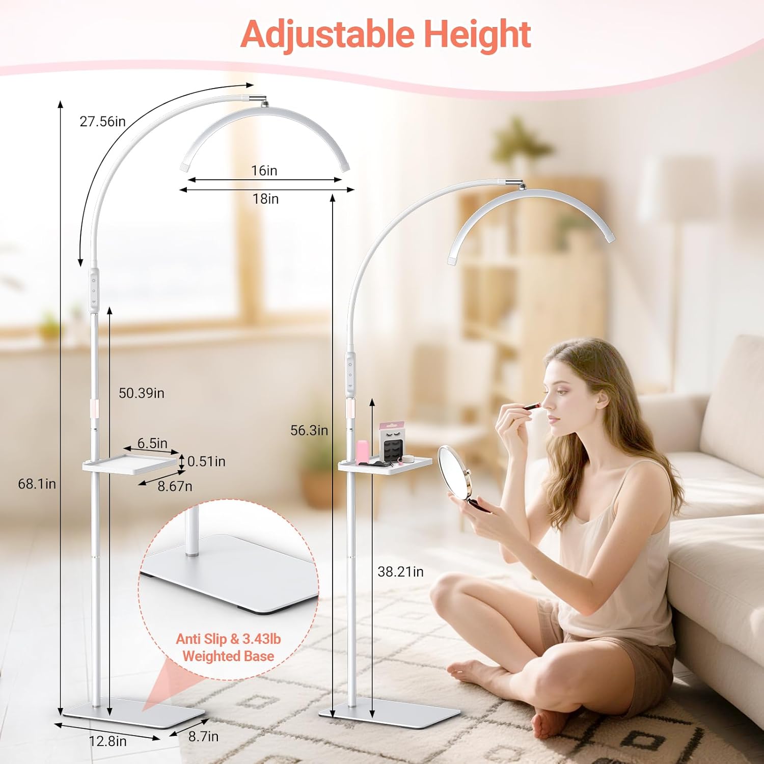 LIONVISON Half Moon Lash Light: 6500K LED Lamp Ring Light with Tray - 360° Flexible Gooseneck Durable Metal Stand - Salon Use for Lash Artists Eyelash Extensions (18In White)