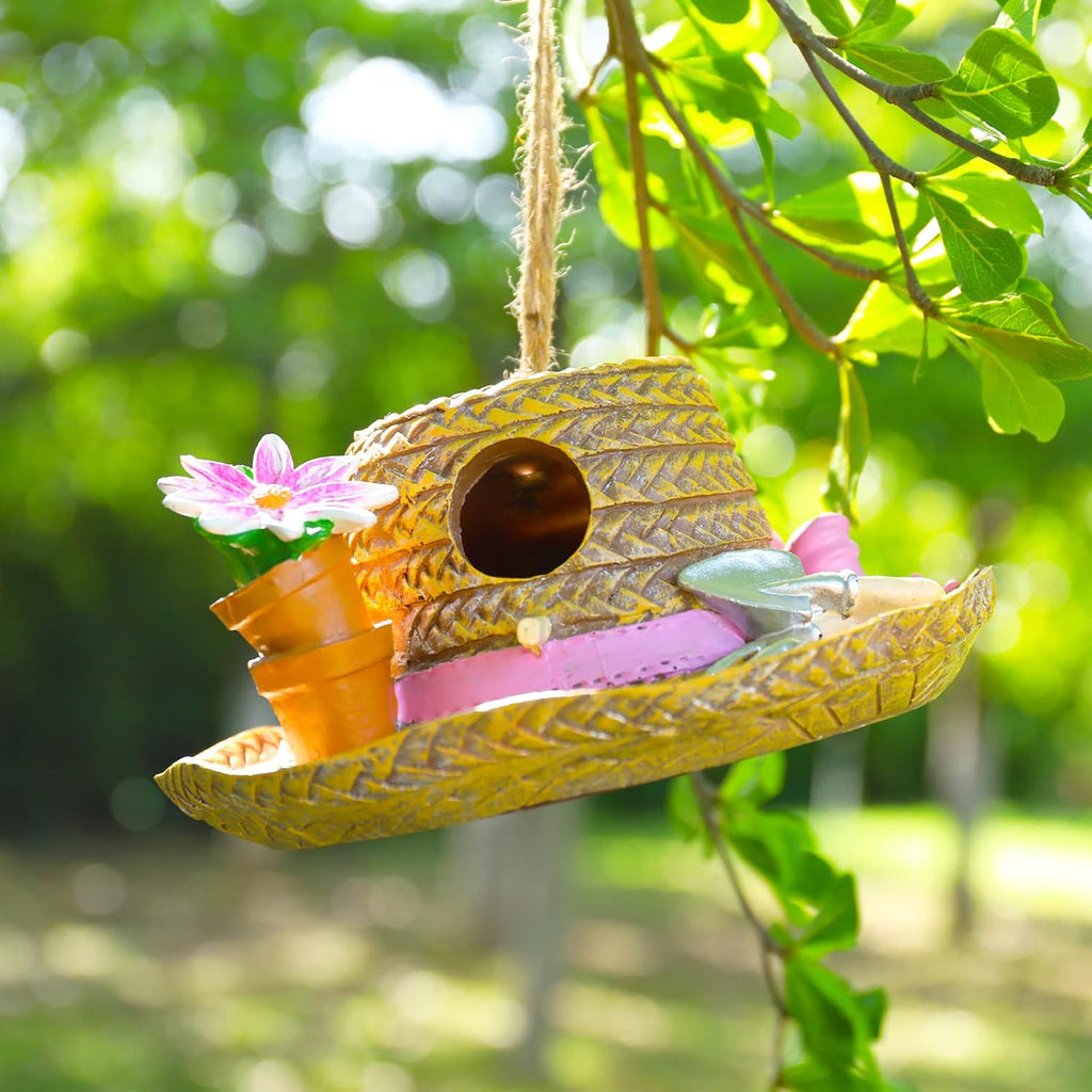 Yinns Birdhouse Hanging Bird Houses for Outside, Decorative Straw Hat Bird House Home Patio Garden Decor for Humming Bird, Bluebird, Wren Nesting