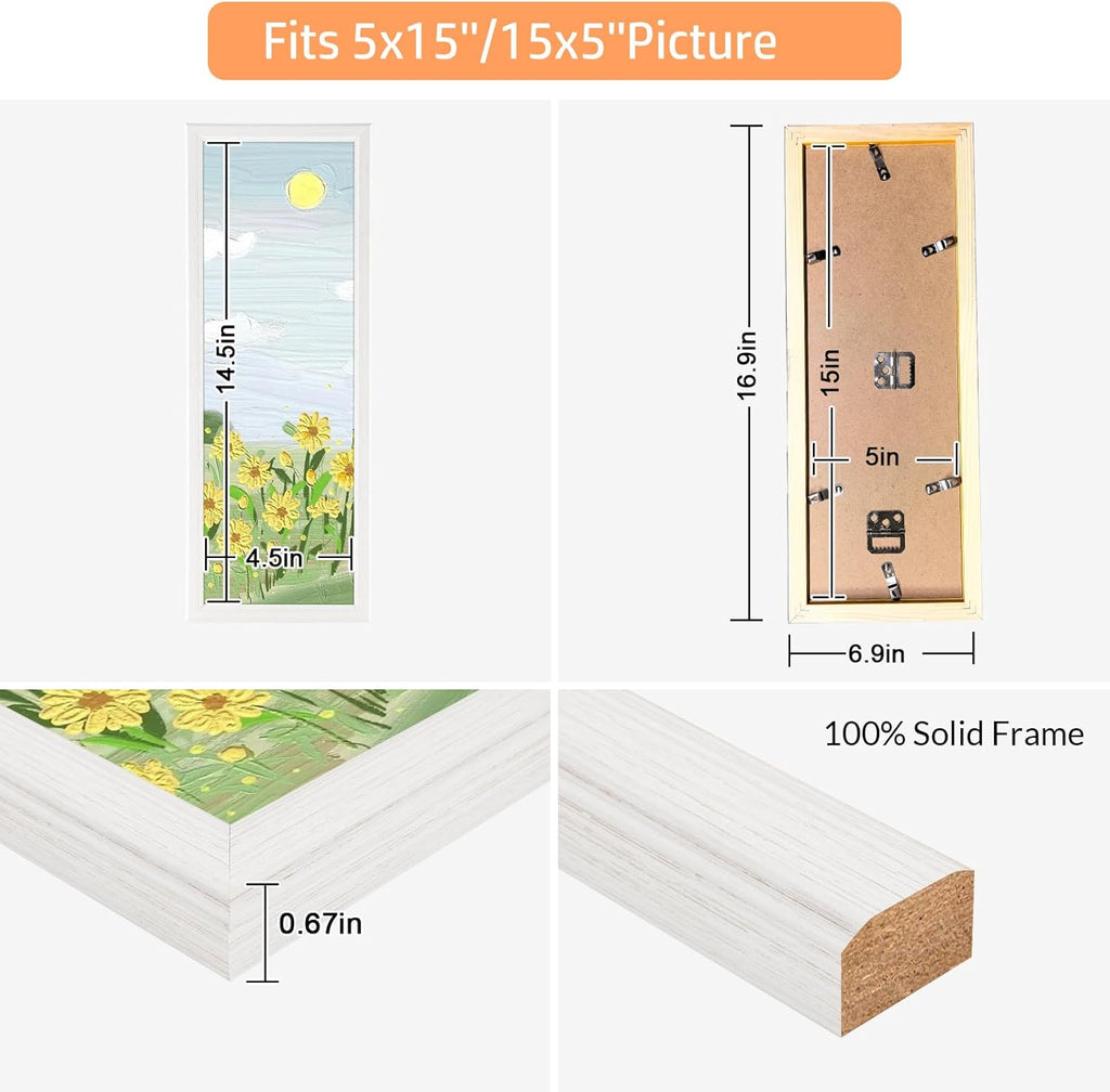 5x15 Wood Frame White, Modern Natural Woodgrain 15x5in Picture Frame, Rustic Wooden 5 x 15 inch Gallery Wall Photo Poster Frame with HD Plexiglass, Horizontal Vertical Wall Mounting Display 1pcs