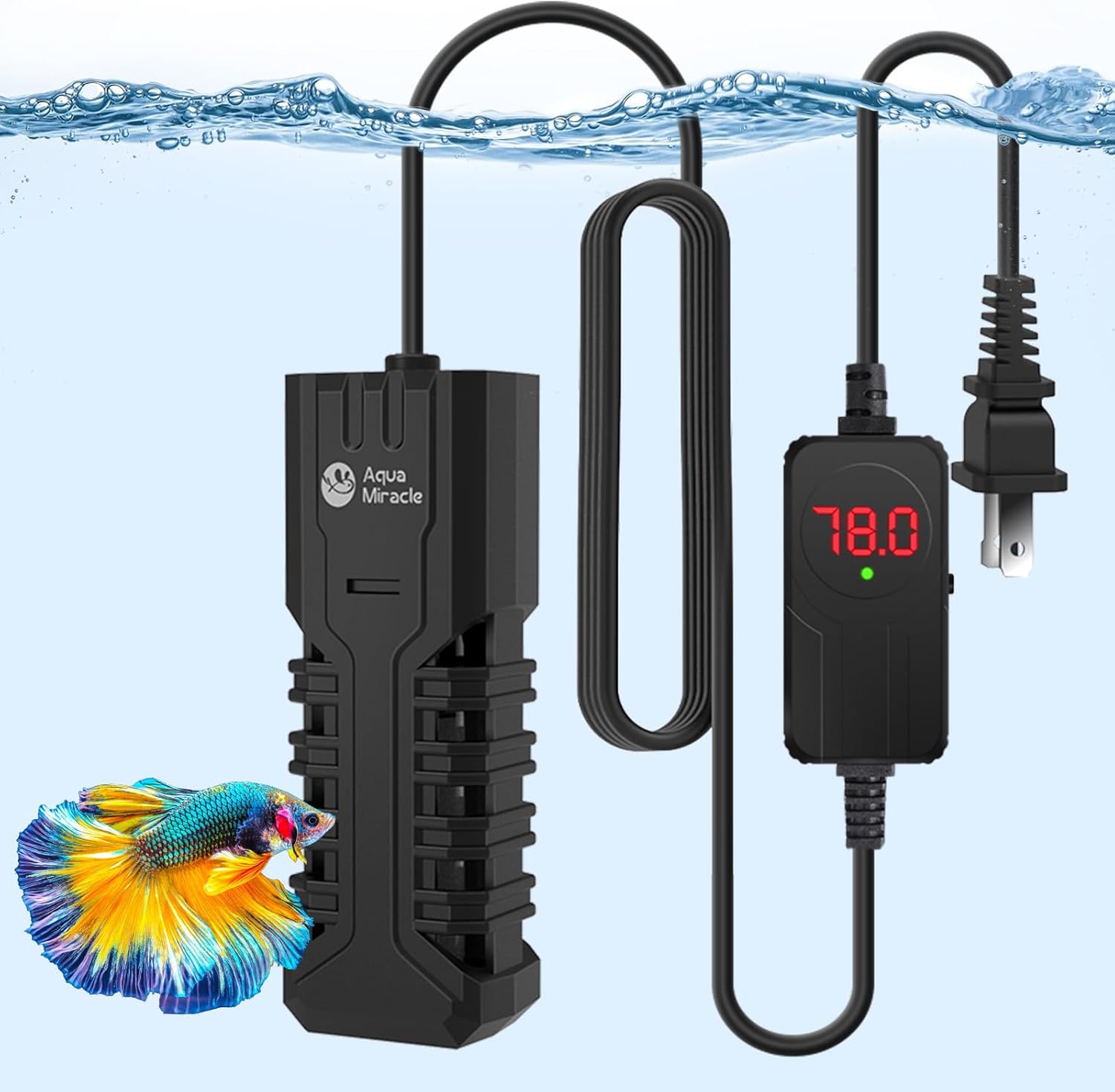 AquaMiracle 25W Submersible Aquarium Heater with LED Digital Display Thermostat, Fish Tank Heater Turtle Heater with Protective Housing, for Tanks 1-5 Gallons