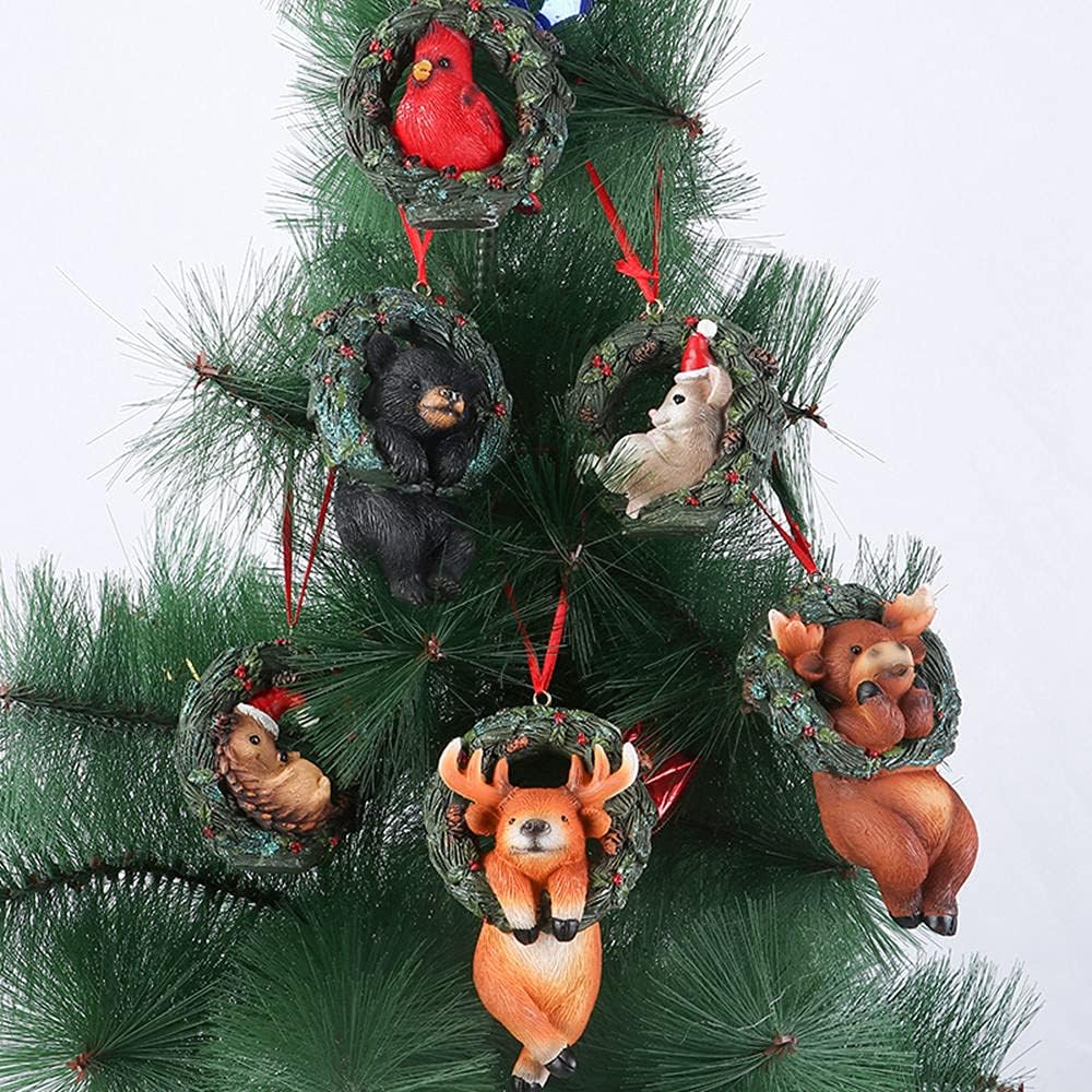 Christmas Small Animal Wreath Swing Ornament Hanging Decor for Xmas Tree Home Office Room Decoration with String (New, Pack of 6)