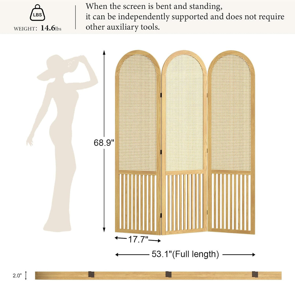 3-Panel Hand-Woven Rattan Room Divider, Tall Foldable Privacy Screen with Wooden Frame - Freestanding Portable Partition for Home Office, Bedroom, Bathroom(Natural-Pine)