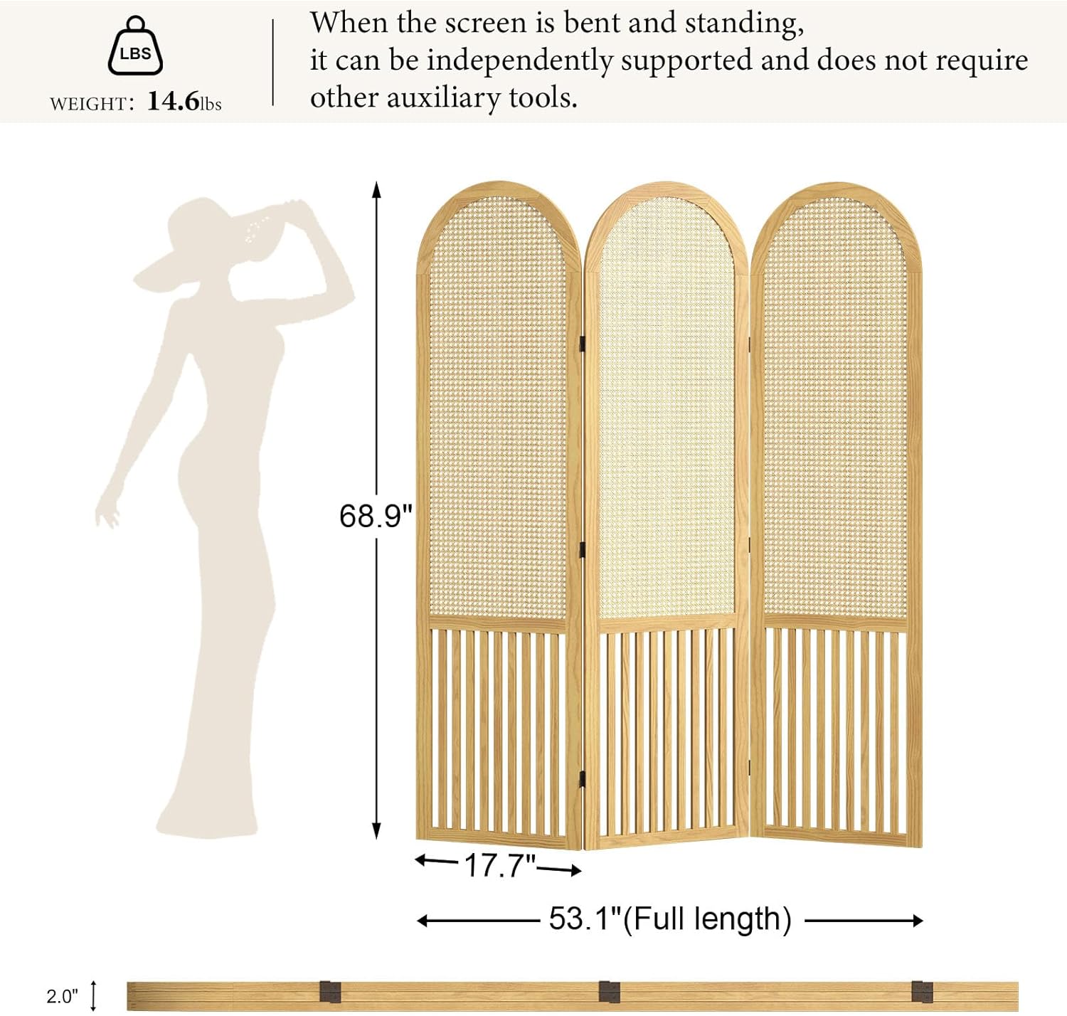 3-Panel Hand-Woven Rattan Room Divider, Tall Foldable Privacy Screen with Wooden Frame - Freestanding Portable Partition for Home Office, Bedroom, Bathroom(Natural-Pine)